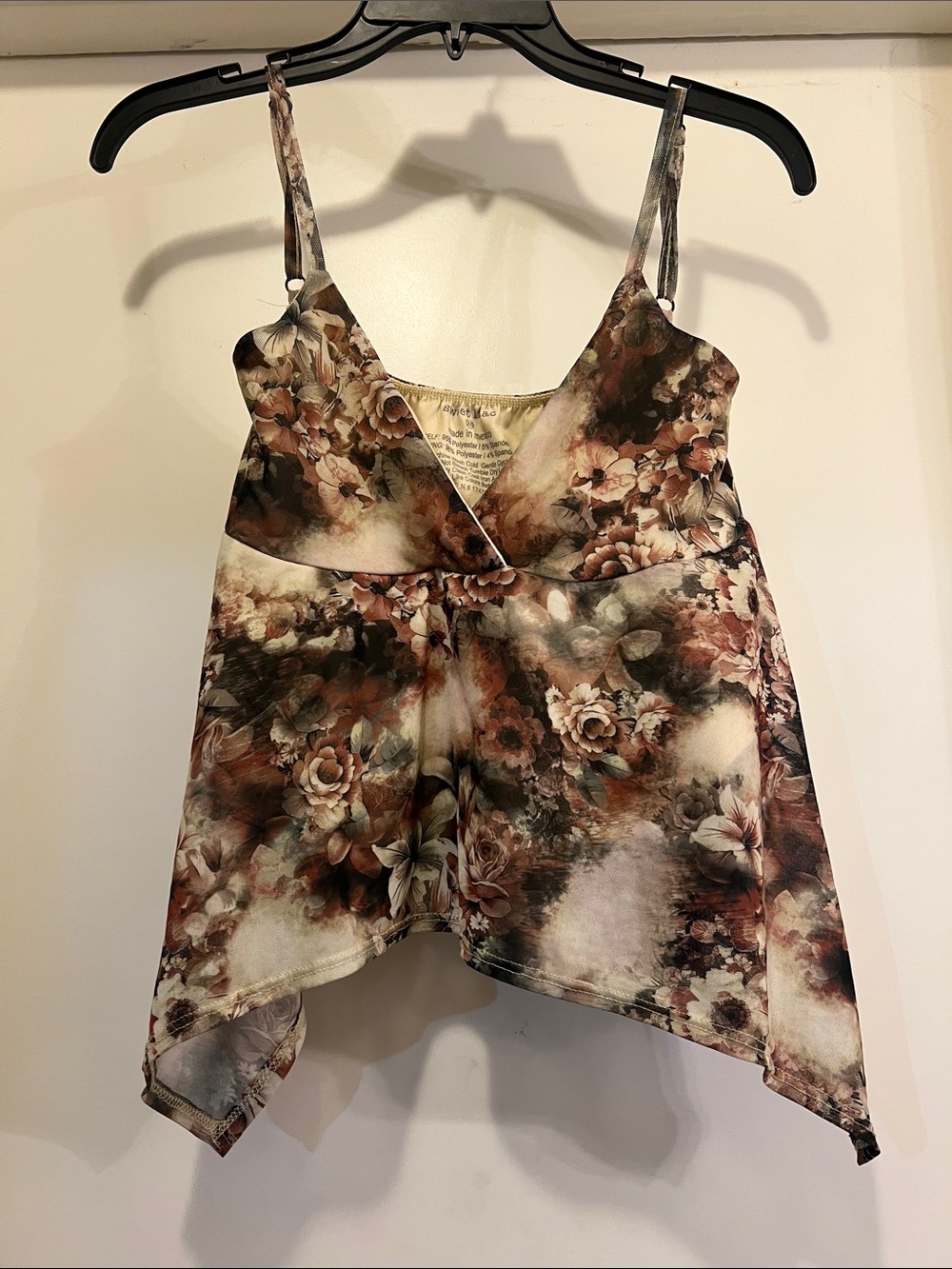 Floral Brown V-Neck Handkerchief Hem Cami - Brown Floral